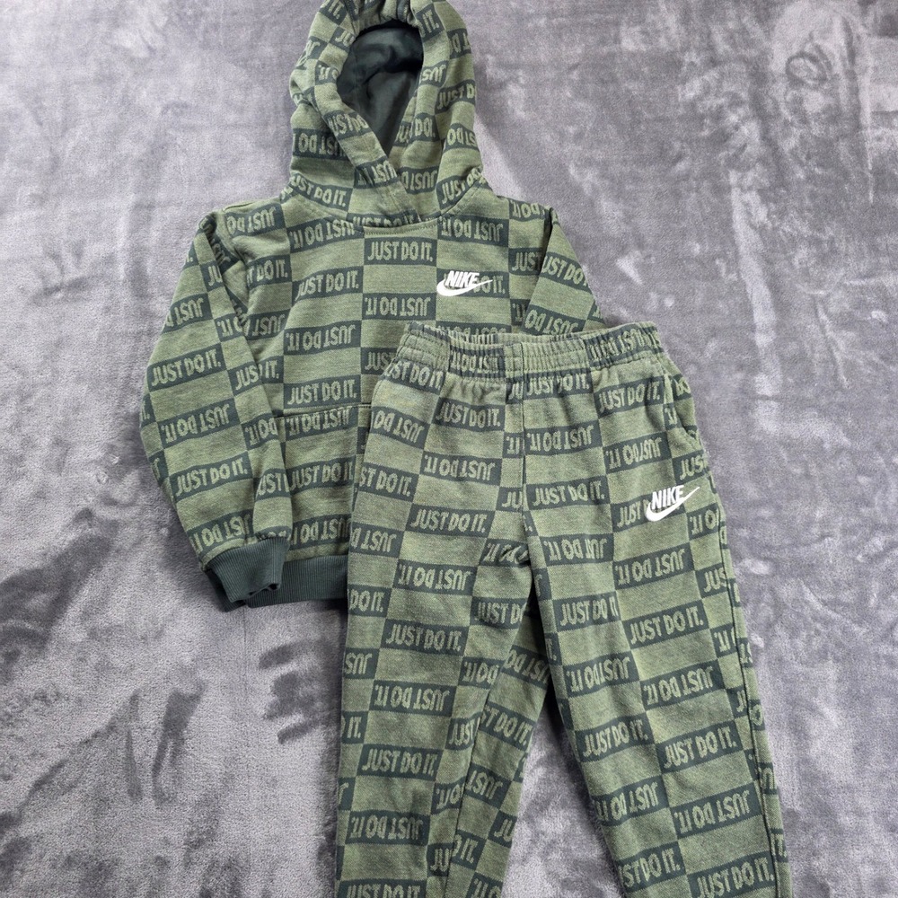 Nike Hoodie Jogger Set Kids Size 7 Olive Green Just Do It Checkerboard Tracksuit
